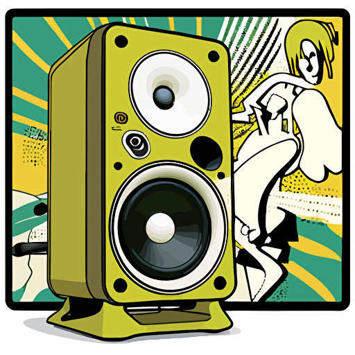 vector comic illustration in the style of Dave Gibbons of a floating high end stereo speaker facing forward, with a single woofer and tweeter on the speaker, and a 2pt black stroke outline around the image, colorful, Dave Gibbons-inspired art on a white background