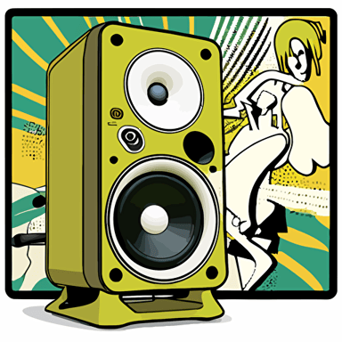 vector comic illustration in the style of Dave Gibbons of a floating high end stereo speaker facing forward, with a single woofer and tweeter on the speaker, and a 2pt black stroke outline around the image, colorful, Dave Gibbons-inspired art on a white background