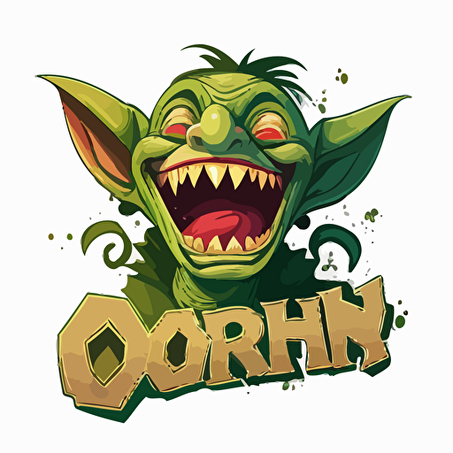 goblin hanging on word 'O", green skin color, open mouth like smile, weed joint bud on mouth, vector cartoon