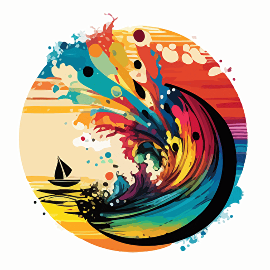 vector surfboard scene in a circle with waves and water colorful