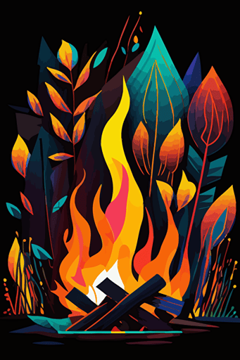 abstract campfire, simple shapes, vivid colors, pop art deco illustration, hand vector art, black background,