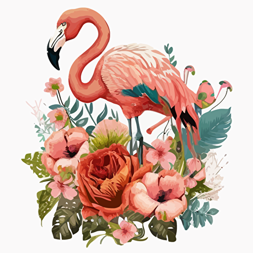 flamingo, flowers, detailed, cartoon style, 2d clipart vector, creative and imaginative, hd, white background