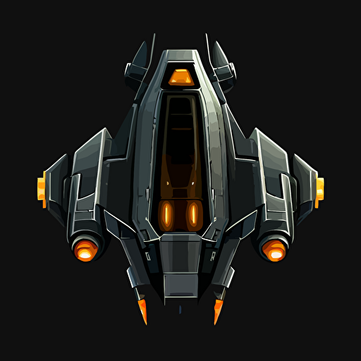 space ship on black background, top-down view, clean, simple, no shadows, vector