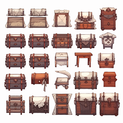 concept sheet, 2d anime style chest, vectorized, 2d style art, stylized, hand painted, white background