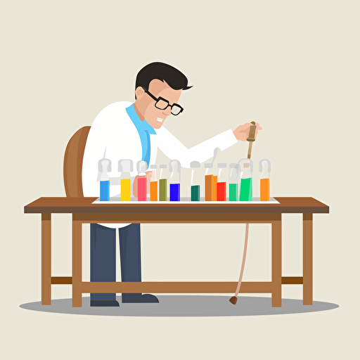 A scientist examining test tubes on a wooden table, with a white board in the background. flat style illustration for business ideas, flat design vector, industrial, light color pallet using a limited color pallet, high resolution, engineering/ construction and design, colored cartoon style, light indigo and light gold, cad( computer aided design) , white background
