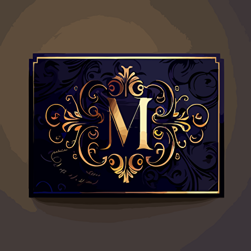 business card logo with ghotic M letter, dark ornamental style,filigrane, vector, ultra definition