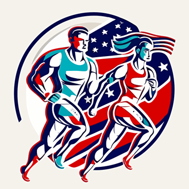 logo of two American Patriots. mixed ethnicity. One male running left and one Female running right. physical fitness. Drawn in a circle. White background. Vector. Clean colors. No shadows.