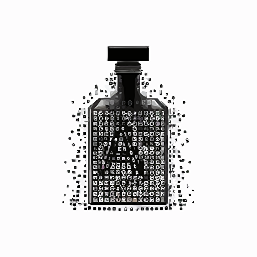 a futuristic pixel iconic logo of a a fragrance bottle made of different alphabets, black vector on white background.
