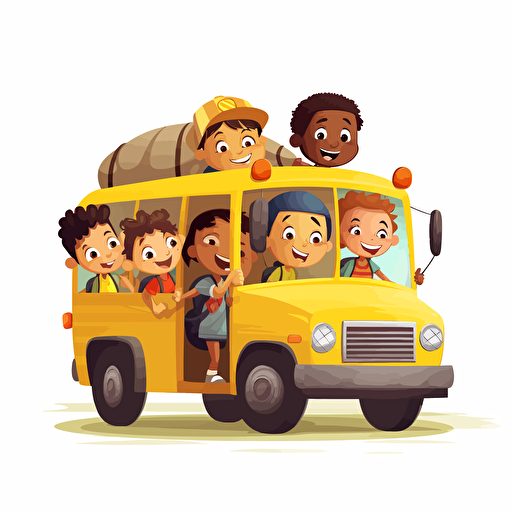 pixar style illustrative vector cartoon of kids with Down Syndrom riding a short yellow school bus. white background. 3/4 view