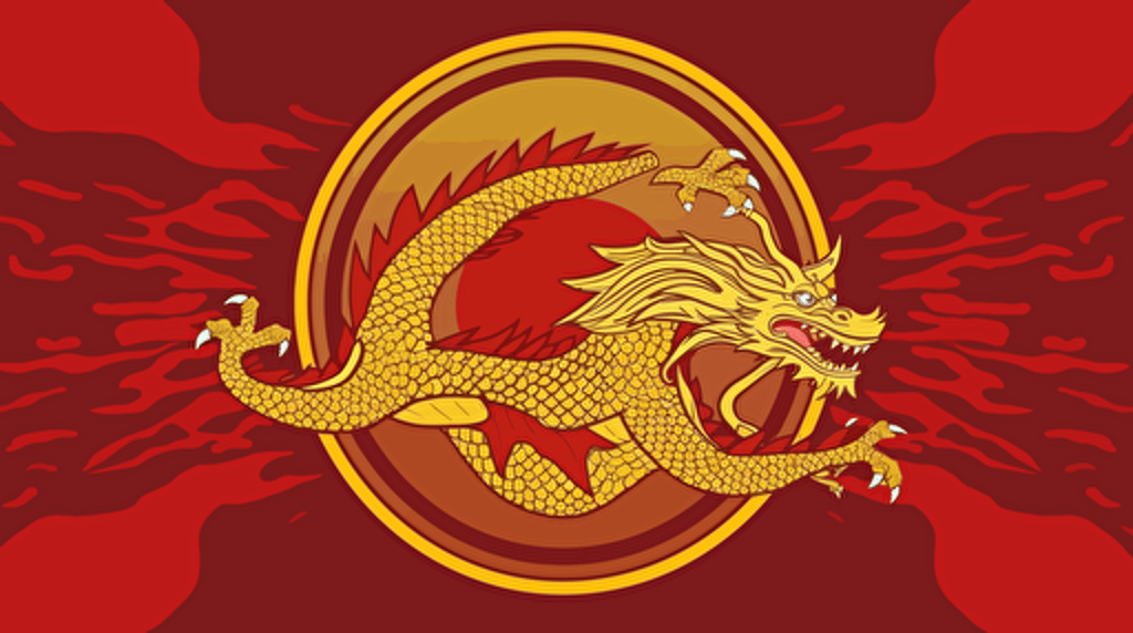 detailed red and gold dragon empire flag with a Chinese star and dragon in the middle, futuristic and minimalistic government flag design, badass design, powerful nation, vector emblem