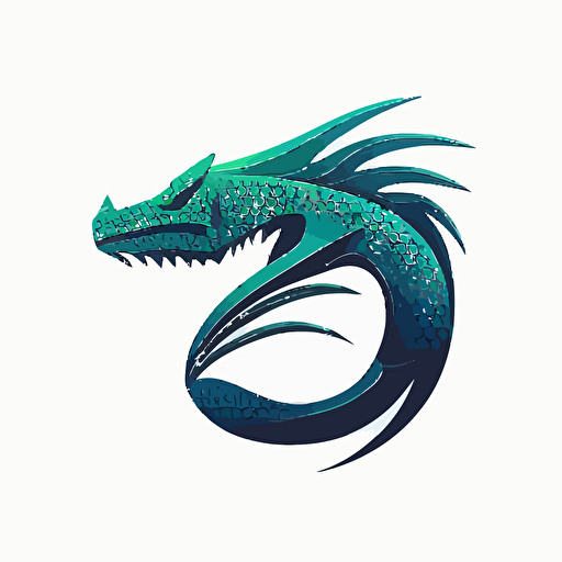Minimalist iconic logo of sea serpent, blue, emerald, futuristic, vector, on white background