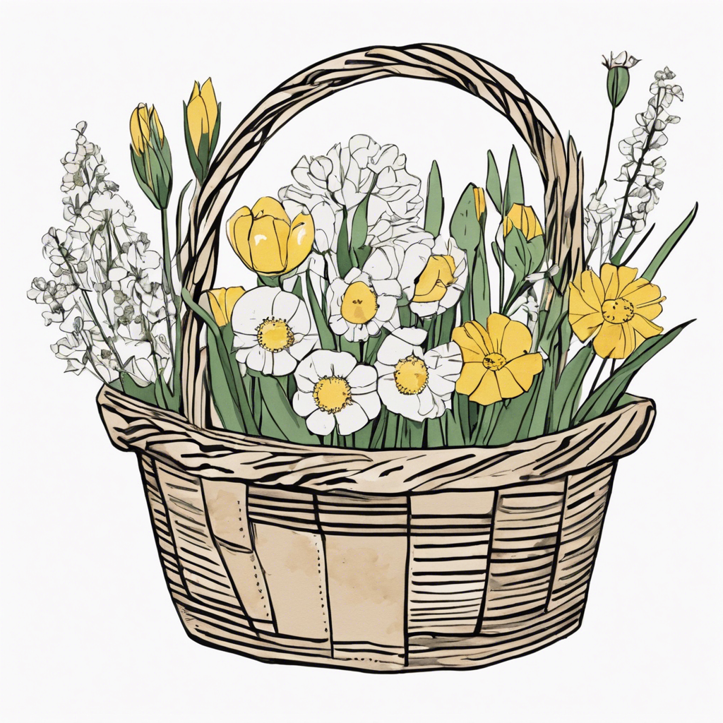 Basket filled with fresh spring flowers next to a watercolor set, illustration in the style of Matt Blease, illustration, flat, simple, vector