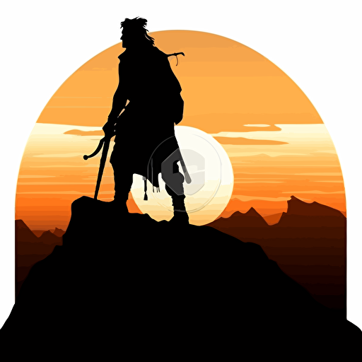 silhouette of a fantasy warrior facing a vast landscape, accurate hands, ideal human proportions, Clipart style art of a viking on a hill set to out on a mission, simplistic features, white background, vector