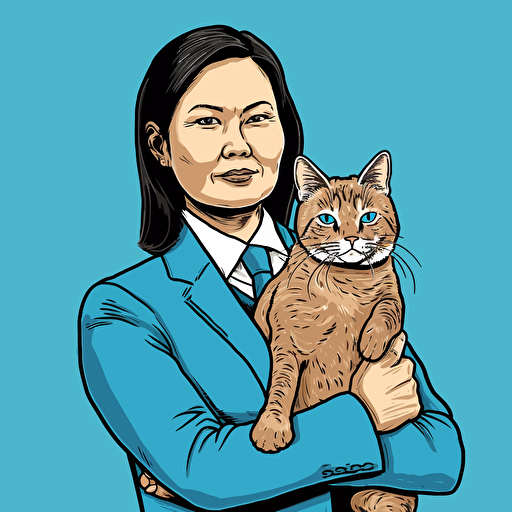vector art style, 58 year old asian female executive, holding a cat, in the style of Micheal Parks