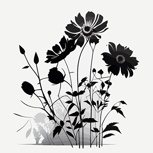 silhouette of a flowers, vector drawing, black, white background