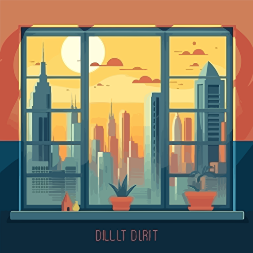 dubai cityskyline flat cartoon style vector illustration viewed through an office window in colloour pallete of red, yellow and blue