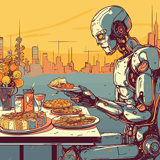 humanoid robot eating canapes while having friendly chat with people friends vector art, vivid colors
