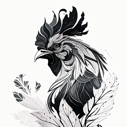 glamorous close up rooster in style of Gabriel Schama, flamboyant, black and white, flat, vector, line drawling, white background ar 1:1