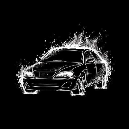 police car on fire, white on black background, no shading, 2D, vector, minimalist, solid line,
