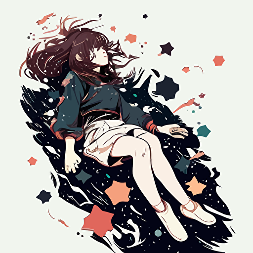 Girl floating in space,stars, Relaxed, Dark colours, ,Anime, Contour, Vector, White background, Detailed