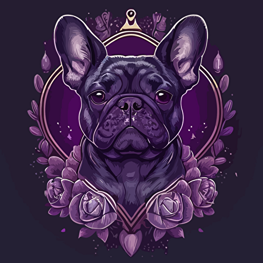 a head of a dark french bulldog surrounded by purple hearts , super detailed, vector