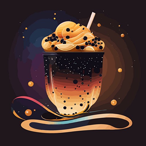 colorful vector art, boba tea caramel flavor, black boba balls, galaxy as background with colorful swirls