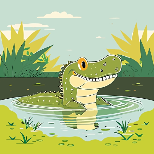 smiling baby alligator swimming in a river, flat color vector art