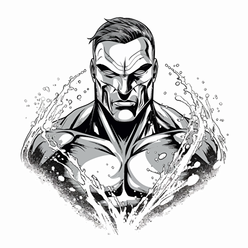 a water inspired superhero bust, digital illustration, minimalism, concept art, vector draw, revenge, black and white, coloring page, outline only, powefull