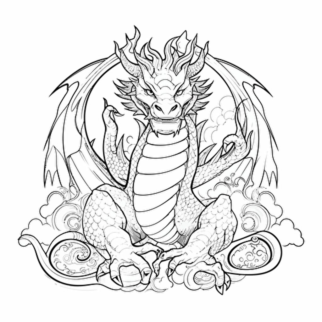 DND Fantasy. Japanese Style dragon. No Shadow. Cartoon. Coloring page. Vector. Simple.