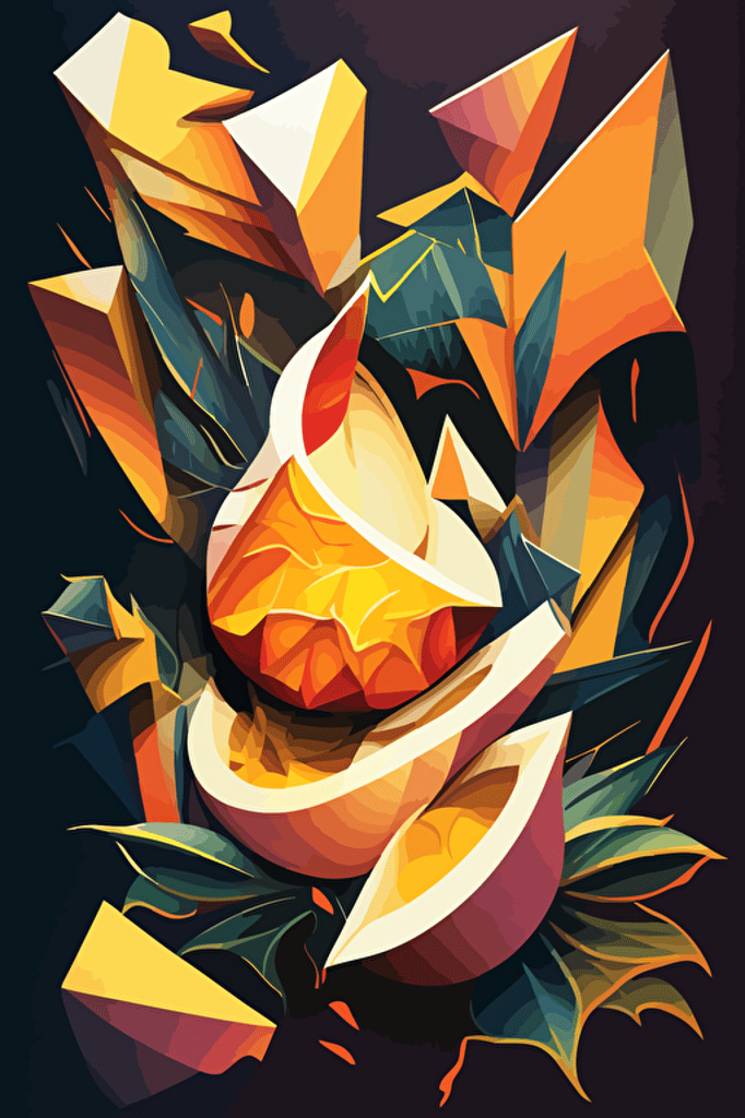 mango explosion, inferno, Neo-Cubism, layered overlapping geometry, geometric fauvism, layered geometric vector art, maximalism; V-Ray, angular oil painting