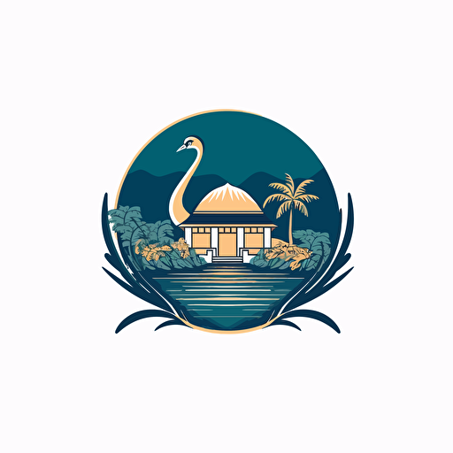 Beautiful abstract vector simple logo, low detail, luxury cabanas, cabanas are close to the top of a hill, the hill is next to a lake, there is a peacock in the roof of the cabana