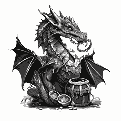 dragon with treasure, simple, black and white, vector art, no background