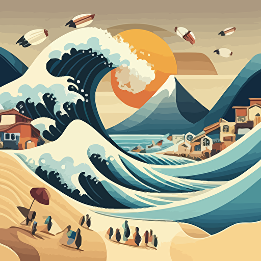 Influenced by Hokusai's "The Great Wave off Kanagawa," design a vector illustration of a coastal village with people enjoying a sunny day at the beach, with a stylized wave approaching the shore in the background.
