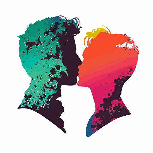 multi colourful pride inspired simple vector full silhouttes of two mens heads about to kiss