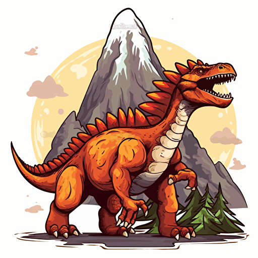 ferocious dinosaur near volcano, detailed, cartoon style, 2d clipart vector, creative and imaginative, hd, white background