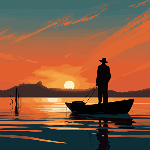 fishing man casting a fishing rod on a boat silhouette, beach background vector illustration, in the style of raphael lacoste, restrained impressionism, uhd image, r. kenton nelson, pensive stillness, high resolution, john mckinstry