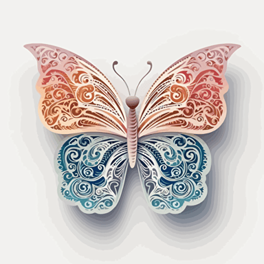rainbow pastel tones butterfly, white background, vector paper cut illustration style, high resolution, high quality, aesthetic, high decorated with flowers, fancy, magnificent