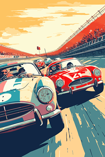 1960's car racing sport event in cartoon vector style clear light colours,