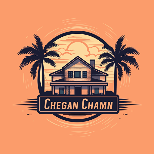 logo for house cleaning company with soft salmon background and modern house with palm trees on the side, vector logo, vector art, 2d