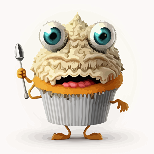 cupcake monster, with white cream as a head.with one huge eye in the it's center. Holding drums sticks on both hands, with BIG mouth with sharp teethes, wearing massiv gold neckless,vector