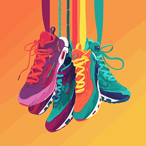 nike TN shoes hanging from their laces, vector style, bright colours,3:2