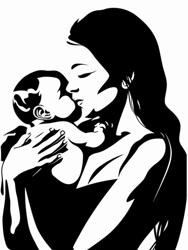 a stunning perfect faced mother chestfeeding her baby in her arms closely against her large pectorals, black and white vector with strong contrast on a solid white background