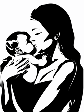 a stunning perfect faced mother chestfeeding her baby in her arms closely against her large pectorals, black and white vector with strong contrast on a solid white background