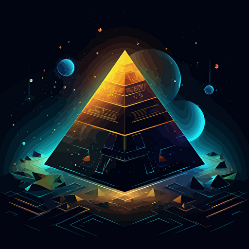 Amid the lively atmosphere of a digital exchange, a distinctive digital pyramid stands unwavering, decorated with rich patterns and colors, tightly enveloped by an aura of ownership and security, with digits and symbols intertwining into a sparkling starry sky, highlighting the unique position of NFTs in the blockchain trading ecosystem. Flat illustration, UI illustration, GUI, Minimalism, dark background, vector, trending on Dribbble, Pinterest.