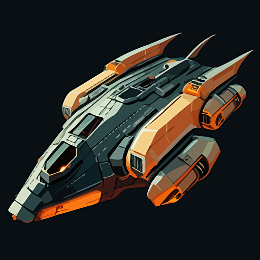 futuristic space ship, top down, orange and grey, black background, minimalistic, vector