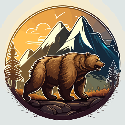 A_coin_emblem_logo_for_a_angry_bear in an action pose:: mountains in the background, code style, color, vector