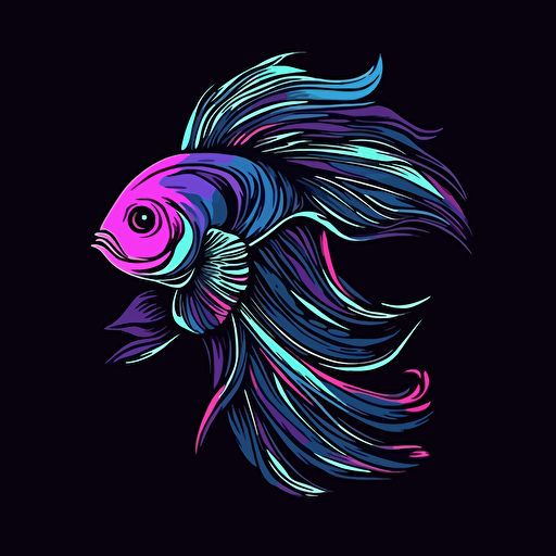 simple 2D vector art logo, stylized design, colourful beta fish with focus on light violet, blue and black colors, shades of indigo colours, with shadows, neon glow, pure black background, fish looking to the right side