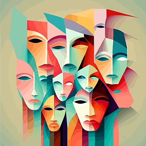 colorful faces, clean simple design, pastel colors, vector art