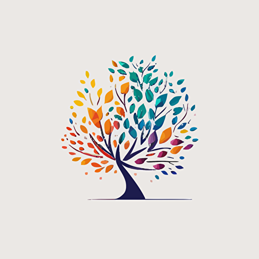Flat simple vector Logo for therapist, memorable, inner child growing like a tree, reaching up, 2023 behance dribble style, white background, tree has 5 branches, each branch adorned with leaves in a different shape and color, v 5 q 2