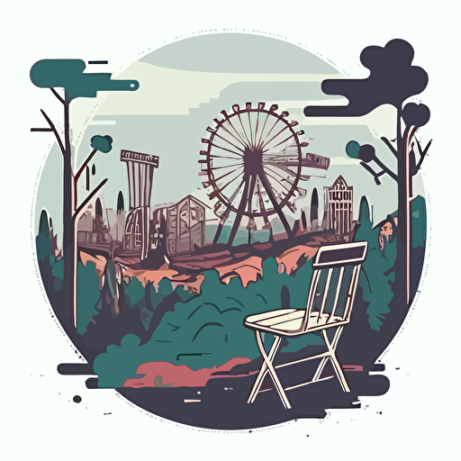 a view of a abandoned city in the background, set from vacant woods in the foreground with a chair facing the foreground, shrubs, trees, dead roses, clouds, broken carnival rides in the distance illustration, drawing, flat illustration, vector style
